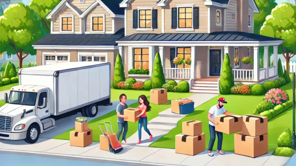 Family moving into a beautiful home in Towne Lake, Woodstock, GA with a moving truck, boxes, and happy people unpacking. The house is surrounded by a well-maintained lawn, trees, and a welcoming neighborhood atmosphere under clear blue skies.