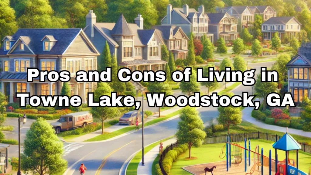 Scenic view of Towne Lake in Woodstock, GA featuring a well-maintained neighborhood with tree-lined streets, elegant homes, and a family-friendly park with playgrounds and walking trails